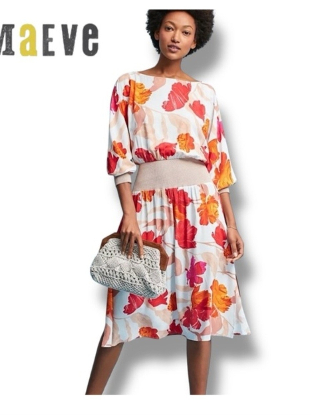 Maeve White Midi Dress with Red & Orange Floral Print